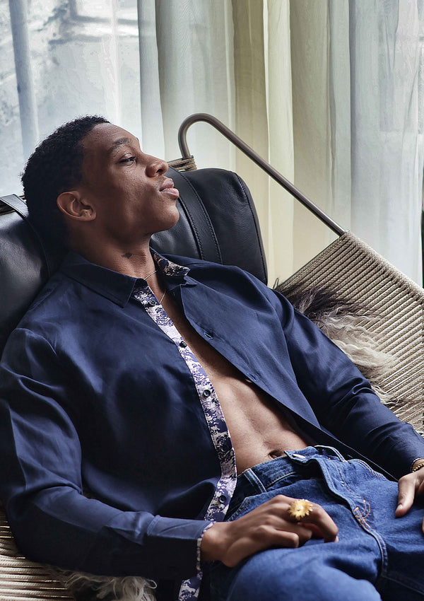 Midnight Blue Long Sleeve Contrast Cuff Shirt